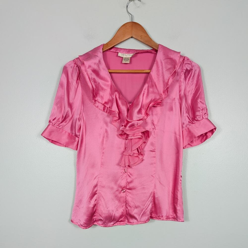 Y2K Silk Short Sleeve Button Top 4 Pink Ruffle Coquette Twee Retro Femme Girly